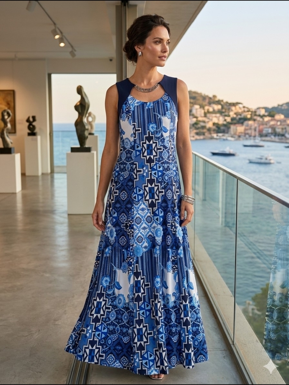 R&M Richards Navy and Blue Geo Mosaic Maxi Dress